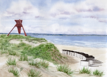 Postkarte DIN-A5 Folienmagnet Aquarell Maritim Kunst Druck Kunstdruck Dänemark Nordsee Blokhus Bake Strand